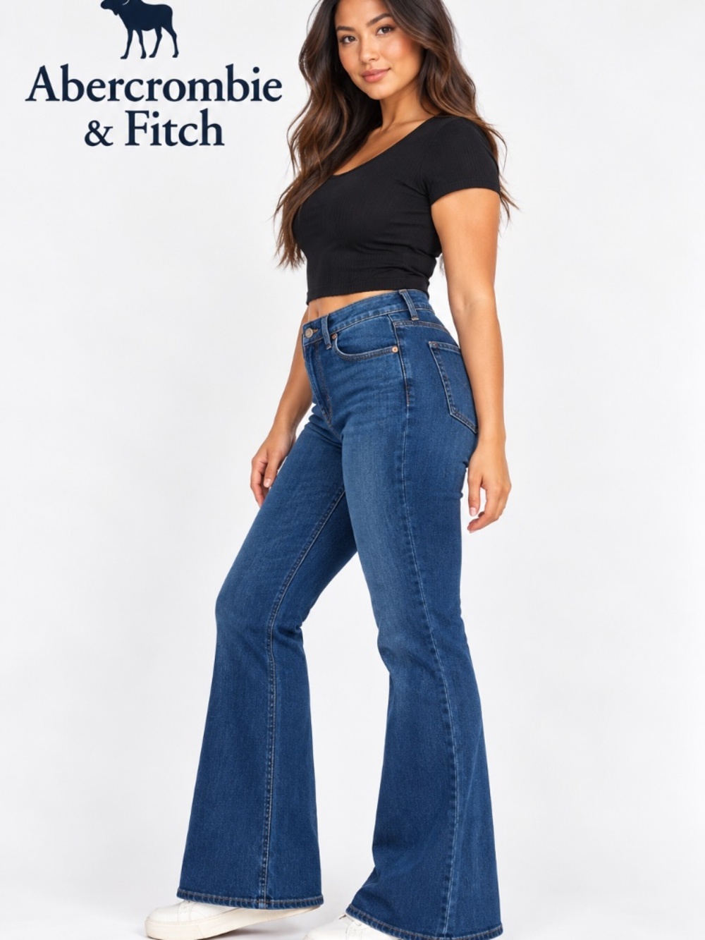 Abercrombie & Fitch The Vintage Flare High Rise Jeans in a dark wash blue denim